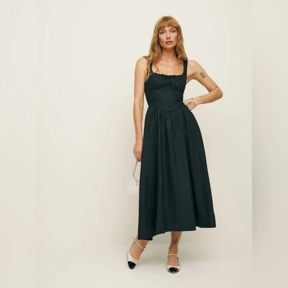 NEW Reformation Balia Linen Midi Dress in Black | size 2 - Picture 3 of 12